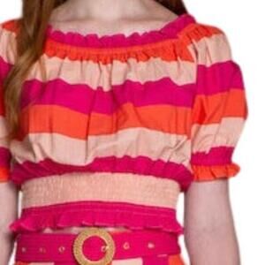Olivia James Cotton Cropped Smocked Gia Top Bellini Stripe Style #204038 Small S